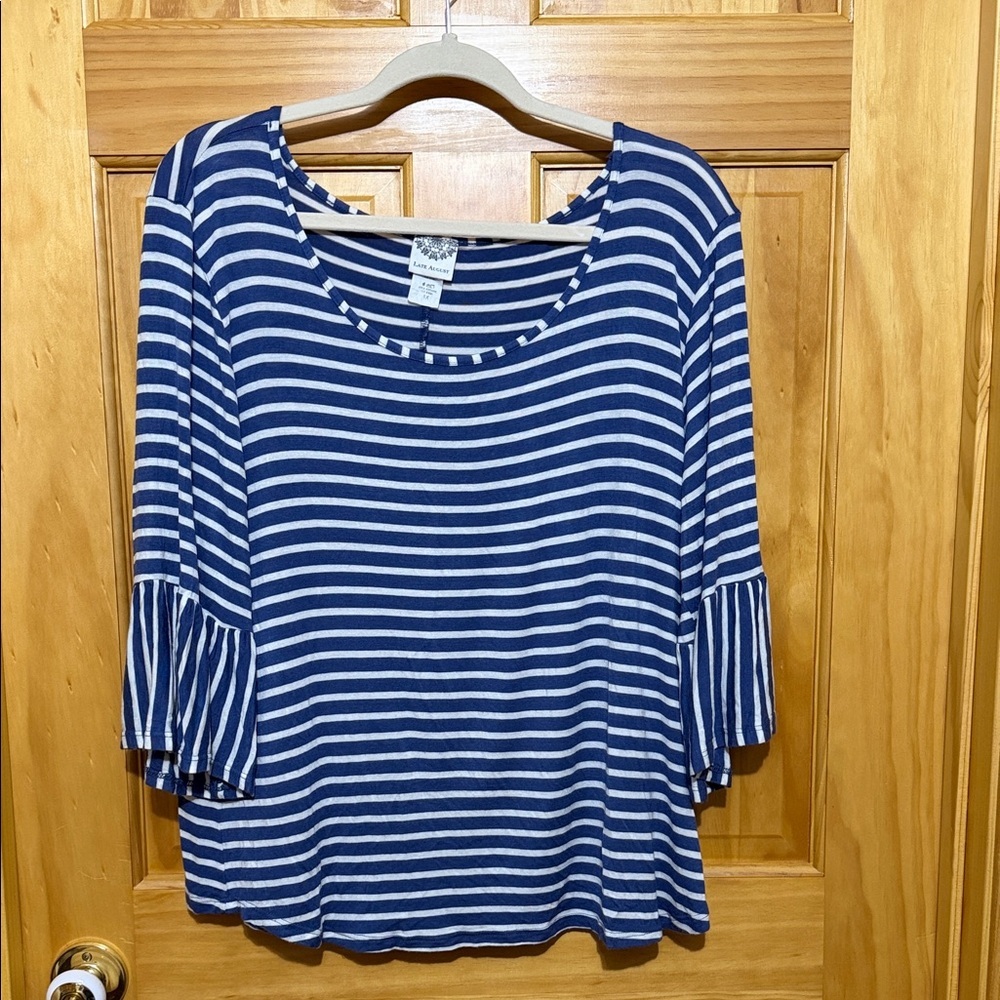 Late August Blue & White Striped Women's Top with Bell Sleeves.  Plus Size 1X.